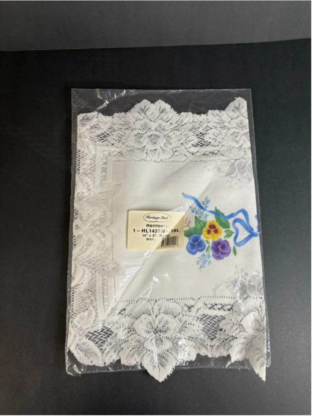 Heritage Lace Table Runner 14x33 White Blue Floral